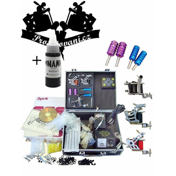 Tetovací sada 3x Cívkový tetovací strojek s Kufrem a Dynamic Black