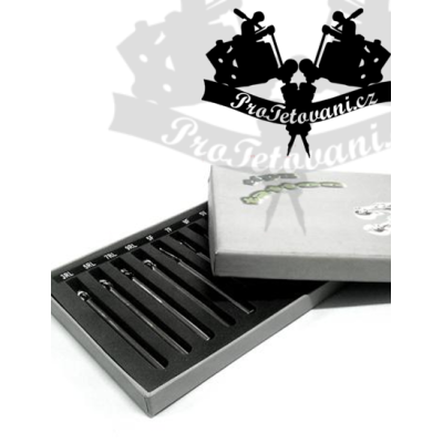Sada 10 dlouhých špiček pro tetování z nerezové oceli v pouzdře