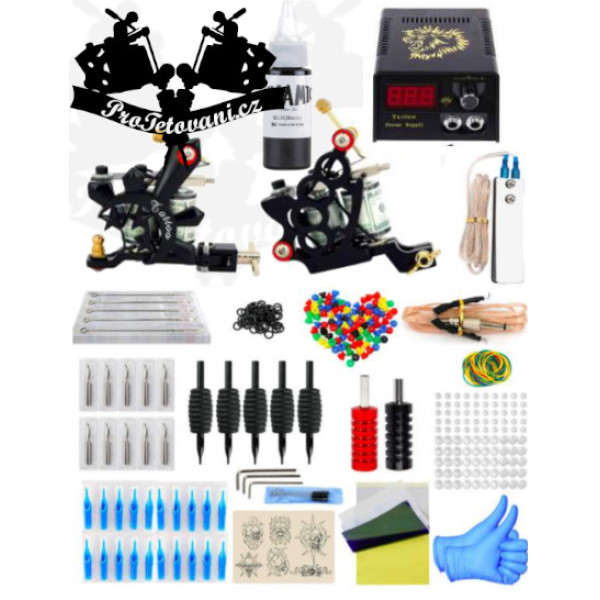 Tetovací sada s dvou cívkovým tetovacím strojkem Moon a Dynamic Black 30 ml