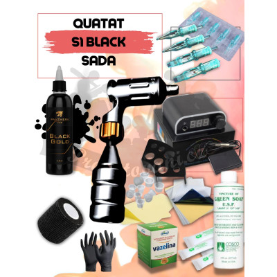 Tetovací sada s rotačním cartridgovým strojkem Quatat S1 Black a Panthera Black Gold 150 ml