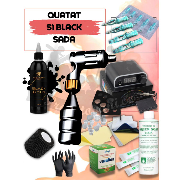 Tetovací sada s rotačním cartridgovým strojkem Quatat S1 Black a Panthera Black Gold 150 ml