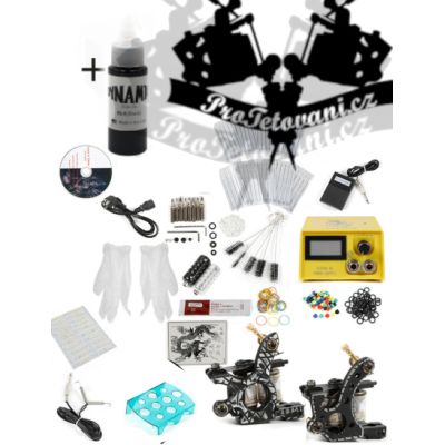 Tetovací sada se dvěma cívkovými tetovacím strojky YELLOW a Dynamic Black