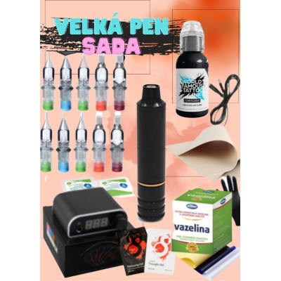 Velká tetovací sada s rotačním cartridgovým strojkem PEN a WFM Limitless Obsidian Outlining