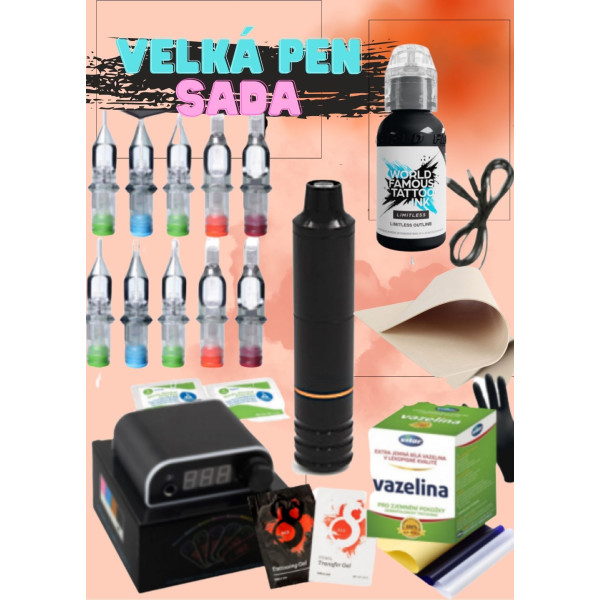 Velká tetovací sada s rotačním cartridgovým strojkem PEN a WFM Limitless Obsidian Outlining